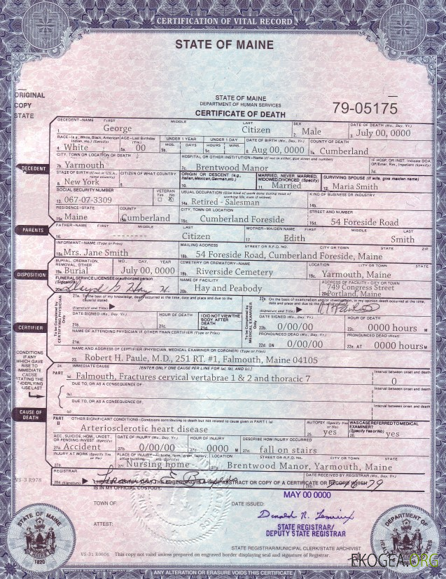 Modèle de certificat de décès de l'État du Maine aux États Unis au format PSD